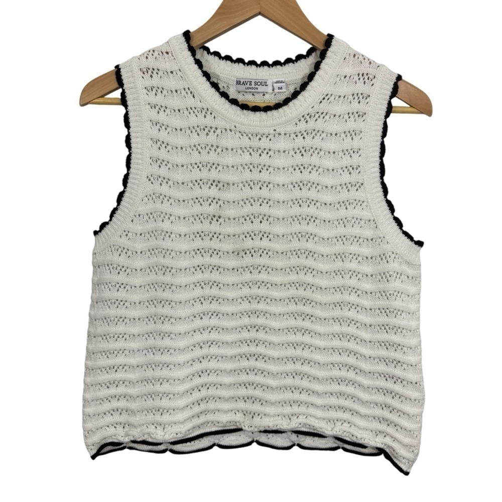 Brave Soul Pointelle Knit Sleeveless Top Womens M White Scalloped Sweater Vest